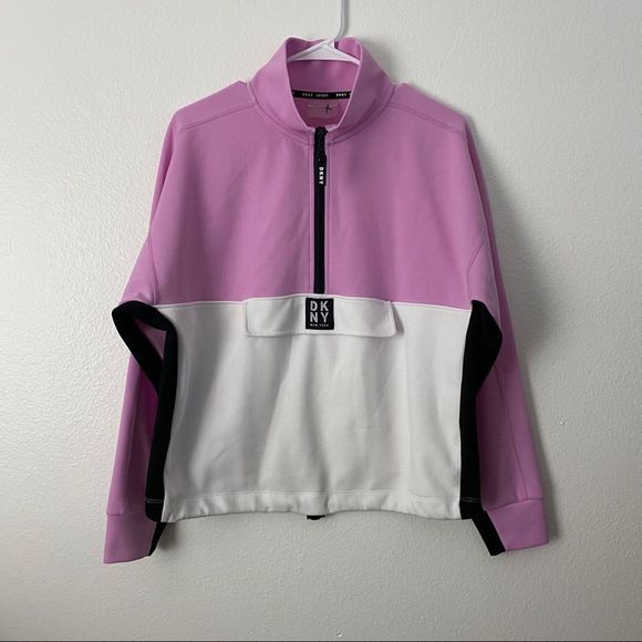 DKNY Pink White & Black Colorblock Tech Pullover Sweatshirt Anorak - Picture 5 of 12